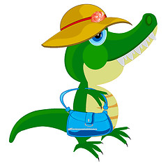 Image showing Female of the crocodile in fashionable hat and hand-bag