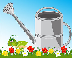 Image showing Garden instrument sprinkling can in garden with flower