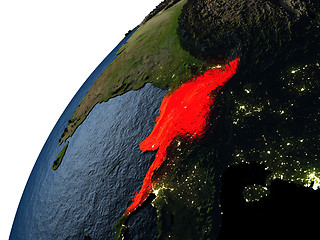 Image showing Myanmar in red on Earth at night