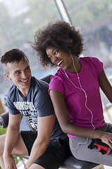 Image showing couple in a gym have break