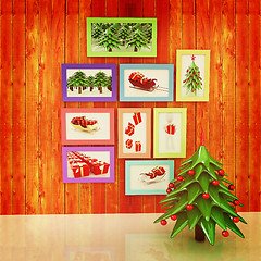 Image showing Mock up poster on the wood wall with christmas tree and decorati