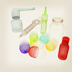 Image showing Syringe, tablet, pill jar. 3D illustration. Vintage style