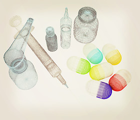 Image showing Syringe, tablet, pill jar. 3D illustration. Vintage style