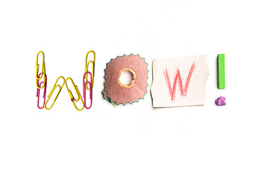 Image showing The word wow created from office stationery.