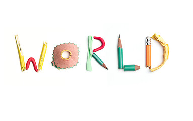 Image showing The word world created from office stationery.