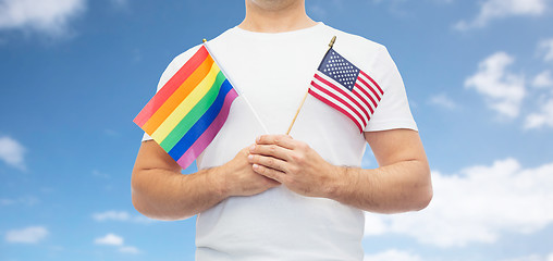 Image showing man with gay pride rainbow flag and american