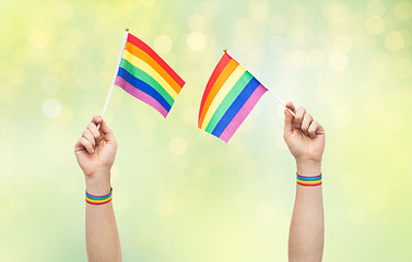 Image showing hand with gay pride rainbow flags and wristbands