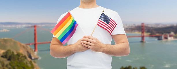 Image showing man with gay pride rainbow flag and american