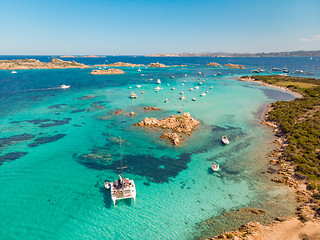 Image showing Drone aerial view of Razzoli, Santa Maria and Budelli islands in Maddalena Archipelago, Sardinia, Italy.