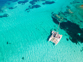 Image showing Drone aerial view of Razzoli, Santa Maria and Budelli islands in Maddalena Archipelago, Sardinia, Italy.