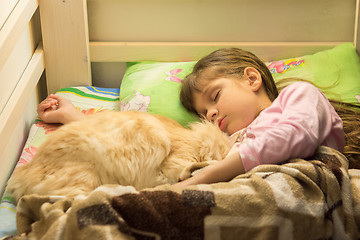 Image showing Little girl sleeping in bed with fluffy cat