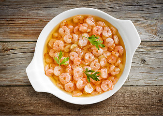 Image showing bowl of garlic prawns