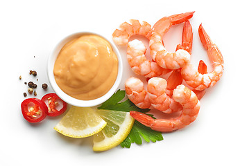 Image showing boiled prawns and salsa sauce