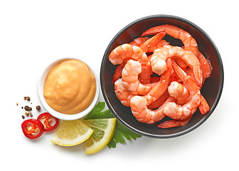Image showing bowl of boiled gambas and salca sauce