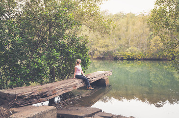 Image showing Rustic large hewn timber jetty in Australian bushland