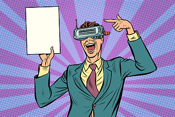 Image showing pop art virtual reality VR glasses Businessman points at copy sp