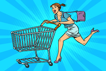 Image showing pop art Woman running with shopping cart