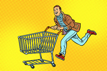 Image showing men are on sale. shopping cart shop trolley