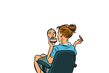 Image showing pop art woman looks in the hand mirror and paints her lips