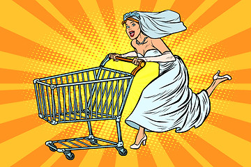 Image showing pop art bride runs for wedding shopping