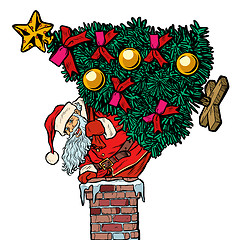 Image showing Santa Claus with a Christmas tree climbs the chimney. Isolate on