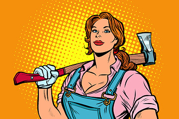 Image showing working woman woodcutter with axe