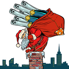 Image showing Santa Claus with champagne climbs the chimney. Isolate on white 