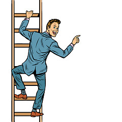 Image showing businessman climbs stairs, man points to copy space