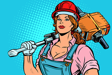 Image showing pop art women road worker Builder with jackhammer