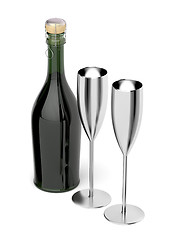 Image showing Pair of champagne flutes and bottle