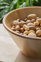 Image showing Nuts in wooden bowl.