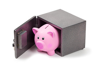 Image showing Blue ceramic piggy bank in a safe