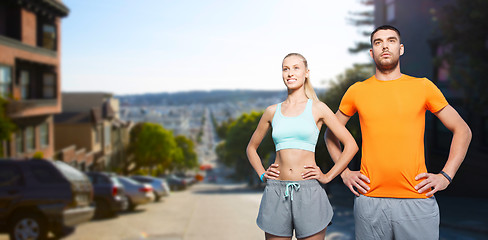 Image showing happy couple doing sports at san francisco city