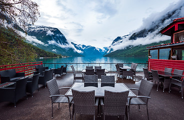 Image showing Cafe on the nature background lovatnet lake.