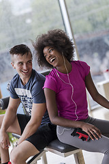 Image showing couple in a gym have break