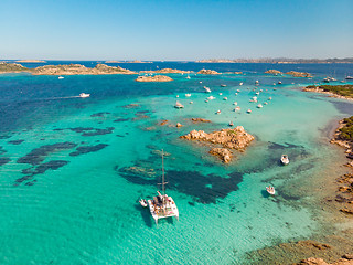 Image showing Drone aerial view of catamaran sailing boat in Maddalena Archipelago, Sardinia, Italy.