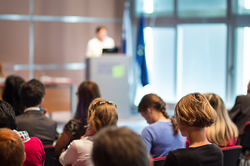 Image showing Business speaker giving a talk at business conference event.