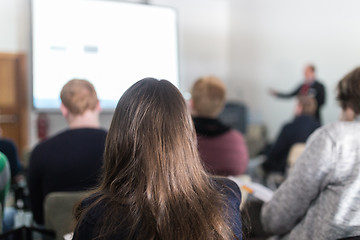 Image showing Business speaker giving a talk at business conference event.