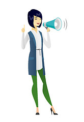 Image showing Asian business woman talking into loudspeaker.