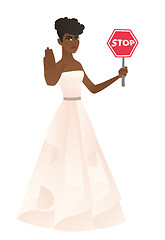 Image showing African-american fiancee holding stop road sign.