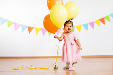 Image showing happy baby girl with balloons on birthday party