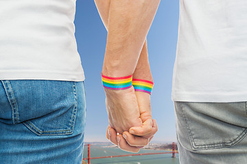 Image showing male couple with gay pride rainbow wristbands