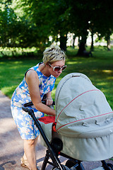 Image showing Woman walking with baby stroller