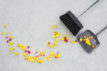 Image showing Sweeping away dry rose petals in the garden patio