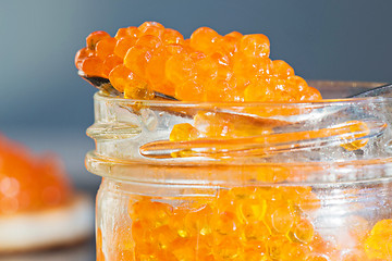 Image showing Macro shot of red caviar on jar