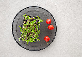 Image showing Green haricot sprouts and cherry tomatoes