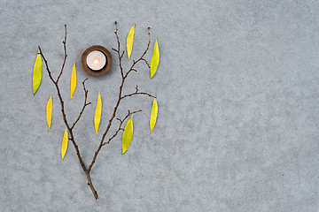 Image showing Tree branch with autumn leaves and cozy candlelight