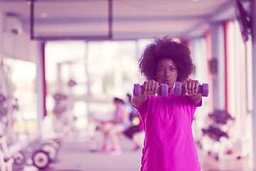 Image showing woman working out in a crossfit gym with dumbbells