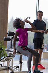 Image showing couple in a gym have break