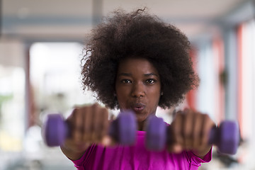 Image showing woman working out in a crossfit gym with dumbbells